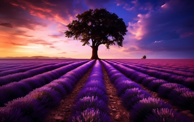 Nature Beauty Lone Tree in Lavender Oasis Generative AI