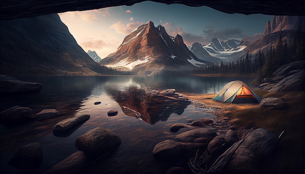 Photo nature beauty in mountain landscape camping hiking generated by ai