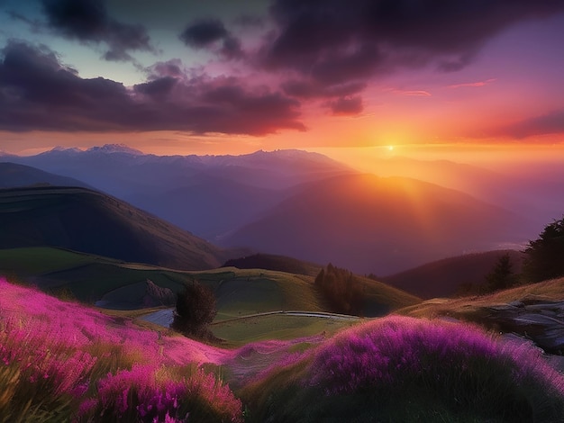 Nature beauty in a mountain landscape sunset paints the sky