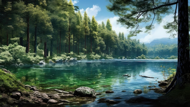 自然の青い湖の木の風景