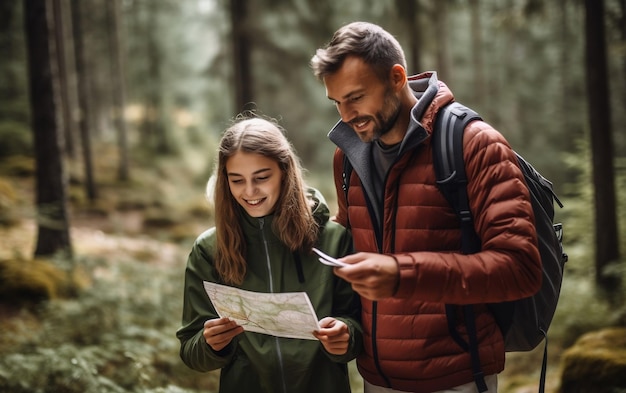 Nature Bond Father and Daughter Hiking in Forest and Checking Map Generative AI