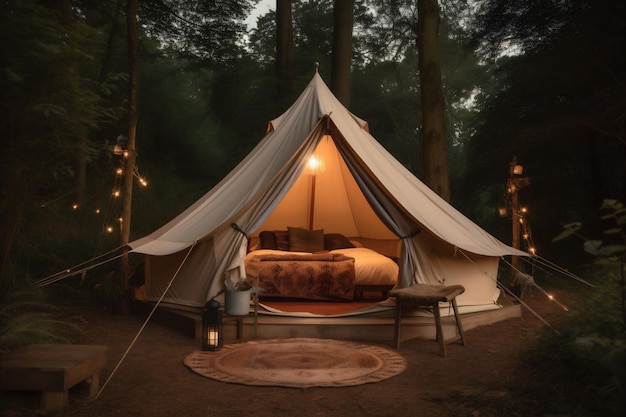 Nature camping tent luxury forest light glamping travel canvas vacation Generative AI