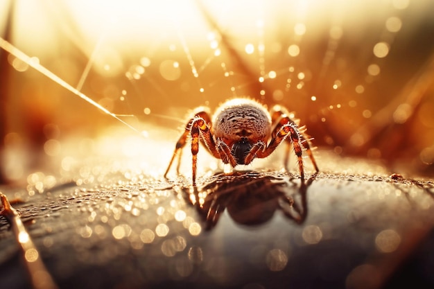 Nature closeup and dew drop with spider on web in forest for environment summer and mockup