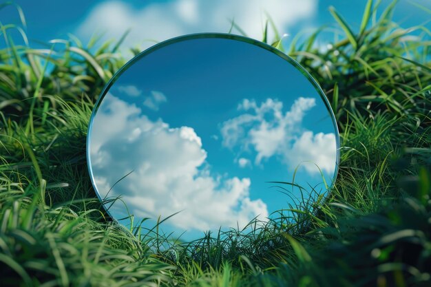 写真 自然の概念 青い空と雲の反射 丸い鏡の草の上