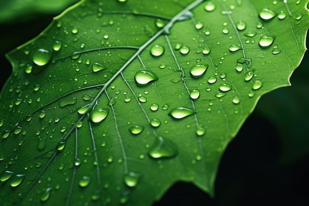 Nature Concept Closeup of Green Leaf with many Droplet Freshness by Water Drops