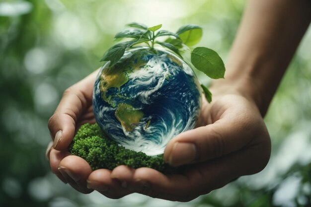 Foto cambiamento del concetto di conservazione della natura riduzione del riscaldamento globale mano che tiene un globo con alberi naturale