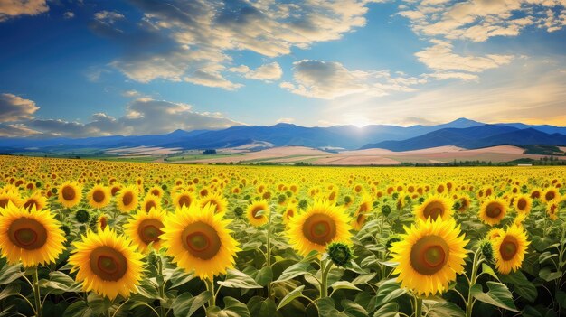 自然の田舎 太陽の花畑 イラスト 太陽の農業 畑の風景 緑の田舎の自然 田舎の太陽の花田