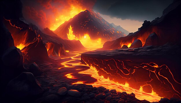 Nature fiery sunset ignites mountain peaks in fantasy generated by AI