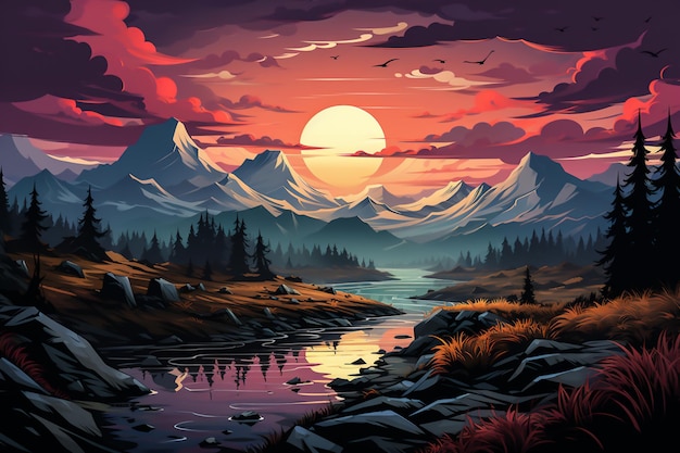 Nature flat design Beautiful sunset view with forest and mountain in the nature illustration