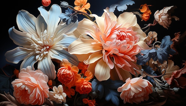 自然の花のエレガンスが鮮やかな色で開花し、人工知能によって生成されたロマンスギフトを描いています