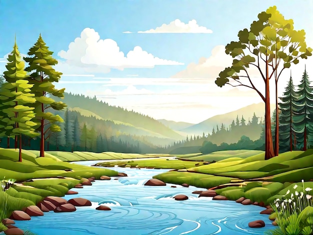 Nature forest landscape at the daytime scene with long river flowing through the meadow AI Generated