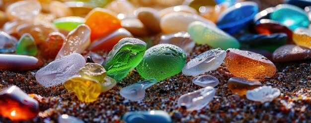 写真 自然の宝石 砂浜で輝く海のガラスのカラフルなコレクション 海の宝物