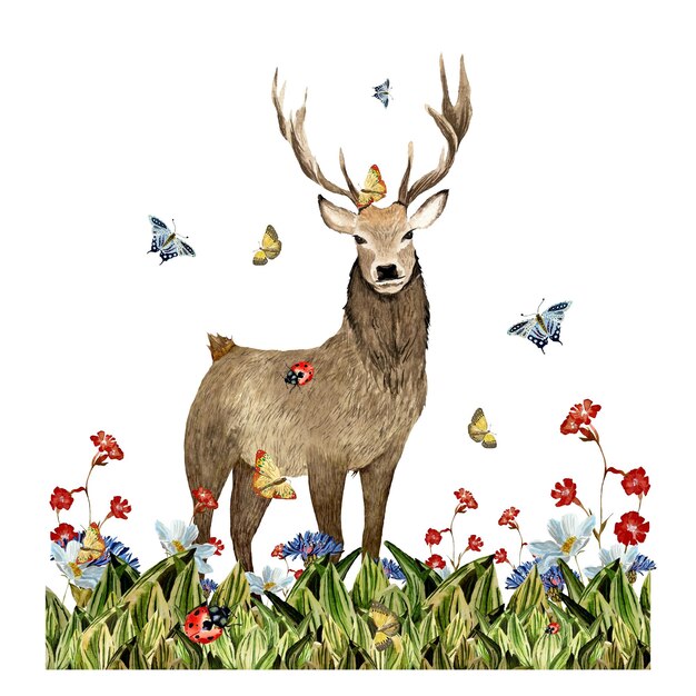 Nature grass deer flower red butterfly sketch. A watercolor illustration. Hand drawn texture.
