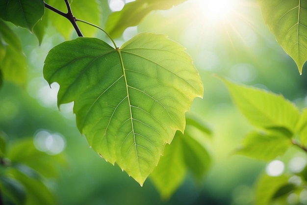 庭の緑の葉は夏に太陽の光の下に自然に緑色の葉の植物を春の背景環境エコロジーまたは緑の壁紙として使用します