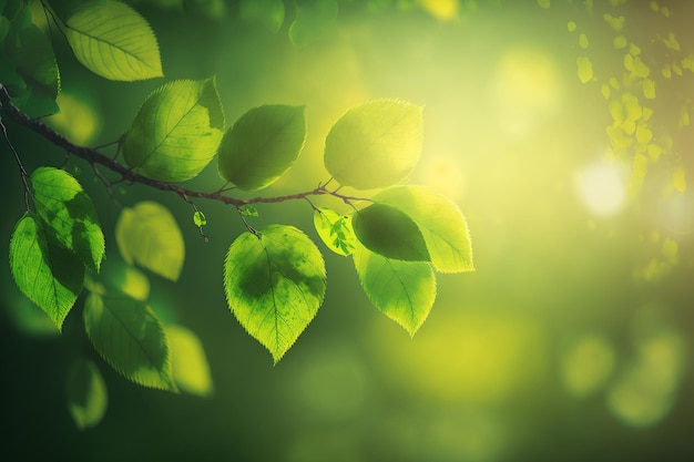 복사 공간이 있는 아름다운 흐릿한 부드러운 보케 햇빛 배경에 있는 자연 녹색 나무 신선한 잎
