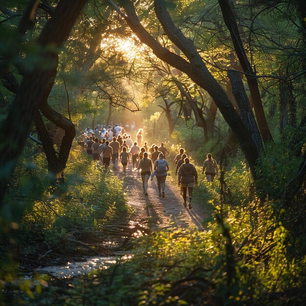 Foto sentiero escursionistico in natura con le famiglie che si godono una passeggiata di fine settimana