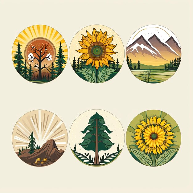 Photo nature icons icons of trees mountains and a sunflower for nature loversgenerated with ai