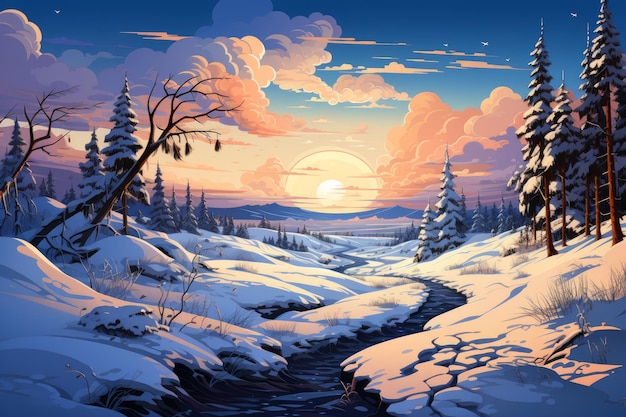 自然にインスピレーションを得たシーンをテーマにしたグラフィック 雪に覆われた静かな森を構築