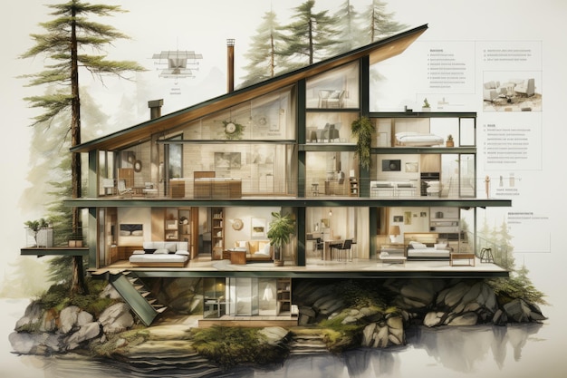 Nature inspired Scenes themed graphic Develop a tranquil forest cabin