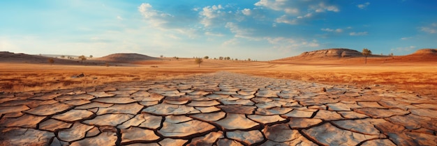 Nature is dying due to global warming Landscape dried and cracked background The soil dry land cracked ground surface with sky and cloudy