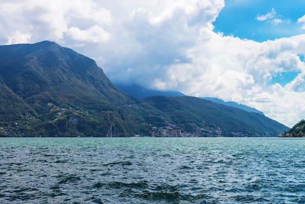Nature of Lake Lugano and Alps mountains in Lugano in Ticino canton in Switzerland.