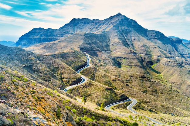 Nature landscape of Canary Island with mountain range, green hills and curvy road