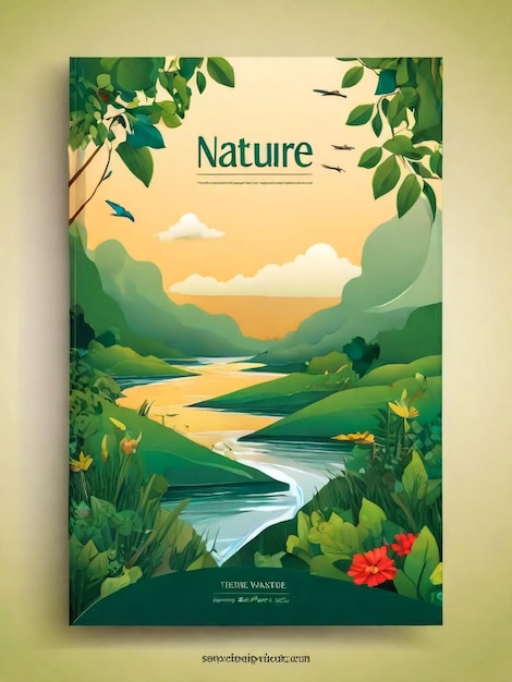 Concetto di paesaggio naturale bel panorama naturale estivo con cascata primavera periodo dell'anno cespugli e fiori sul lago poster o striscione illustrazione vettoriale piatta di cartoni animati