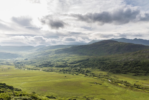 nature and landscape concept - view to plain of Killarney National Park valley in ireland