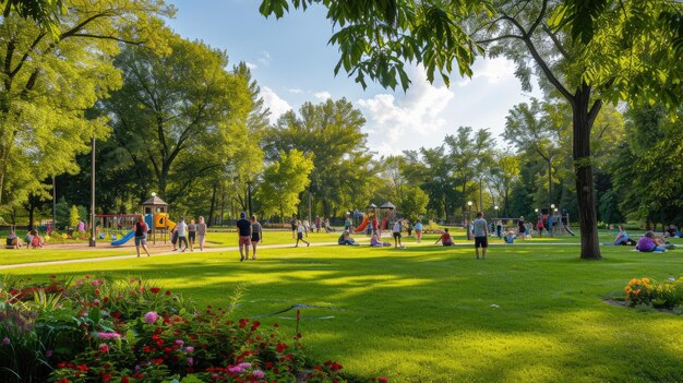 写真 公園の自然風景木草遊び場で遊んでいる人々