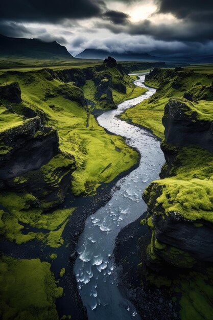 Панорама пейзажа природы горы исландские долины с рекой Generative ai
