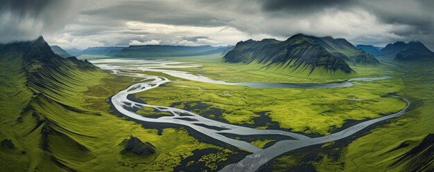 Nature landscape panorama mountains Icelandic valleys with a river Generative ai