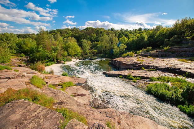 Nature landscape, river with a rocks in the water, Buky canyon, Ukraine.