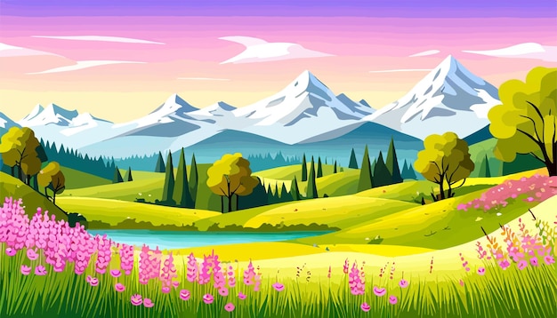 Nature and landscape Vector illustration of trees forest mountains flowers plants field Picture for background postcard or cover spring season background