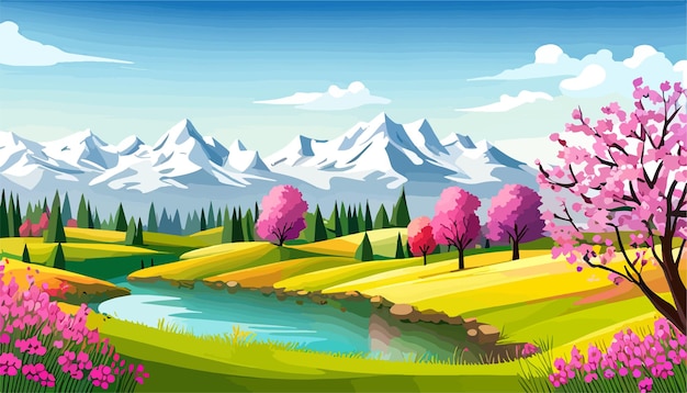 Природа и пейзаж Векторная иллюстрация деревьев, лесных гор, цветов, растений, полей. Изображение для фоновой открытки или обложки весеннего сезона.