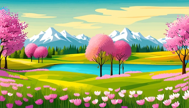 Photo nature and landscape vector illustration of trees forest mountains flowers plants field picture for background postcard or cover spring season background