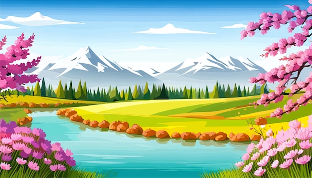 Nature and landscape Vector illustration of trees forest mountains flowers plants field Picture for background postcard or cover spring season background