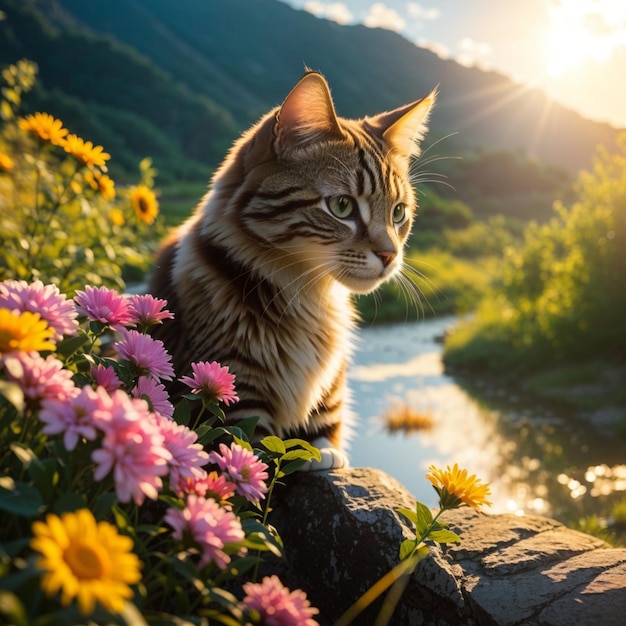 Nature landscape with cat river