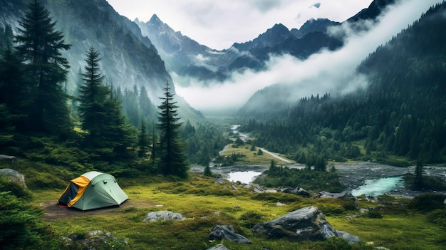 Nature landscape with fog comfortable backpacking and camping scenery