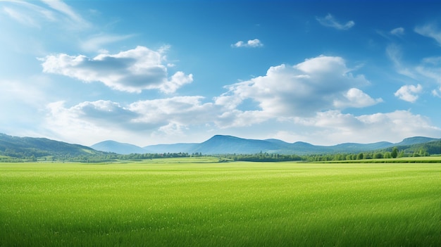 雲と山を背景に緑の牧草地と青い空を持つ自然の風景