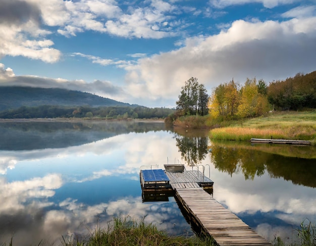 Фото Ландшафт природы с отражением озера с облаками и причалом для лодок