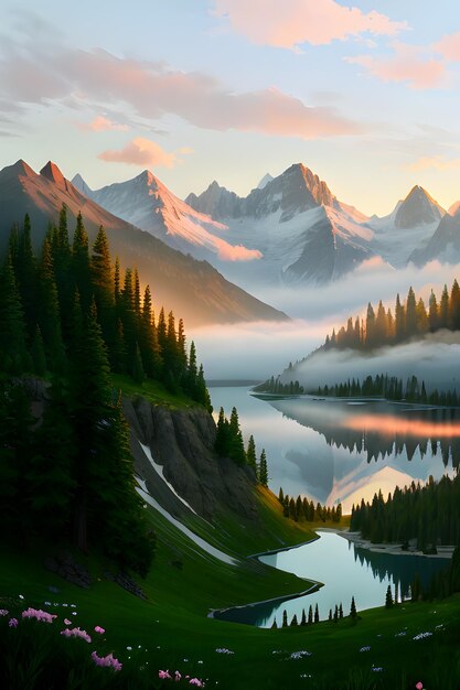 Природный пейзаж с горами и туманным озером