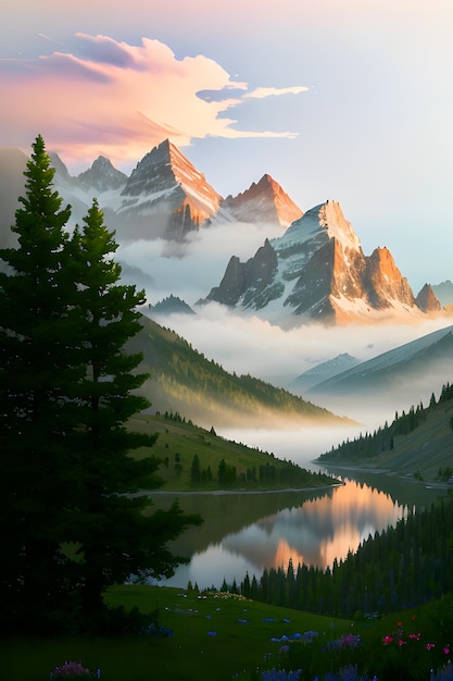 Nature landscape with mountains and sunny cloudy sky