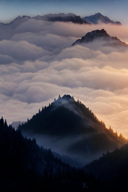 写真 謎めいた霧の山々と夜の雲の空の自然風景