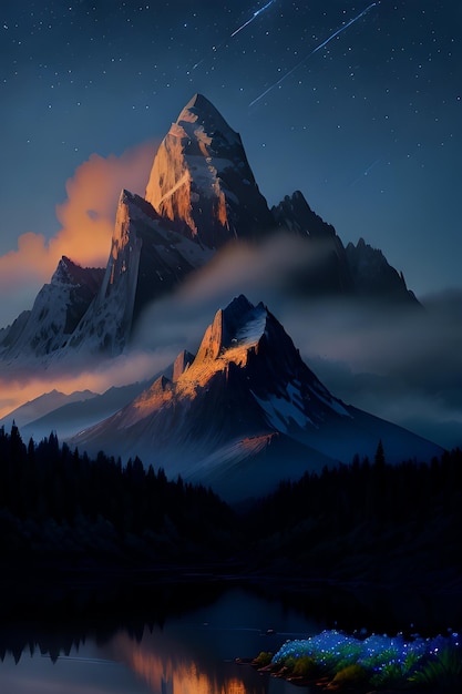 写真 謎めいた霧の山々と夜の雲の空の自然風景