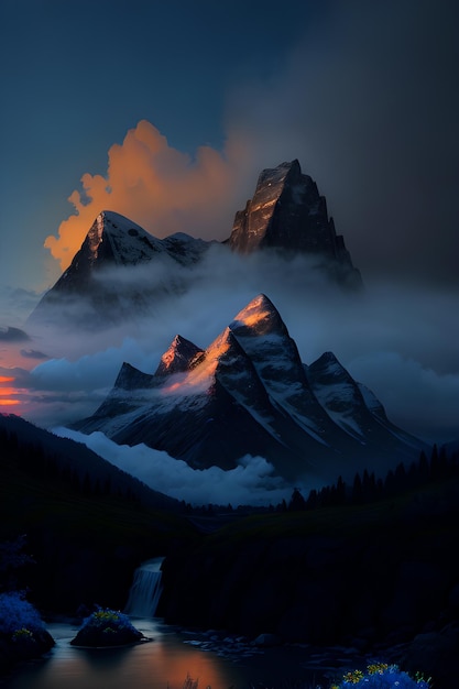Nature landscape with mystical foggy mountains and night cloudy sky