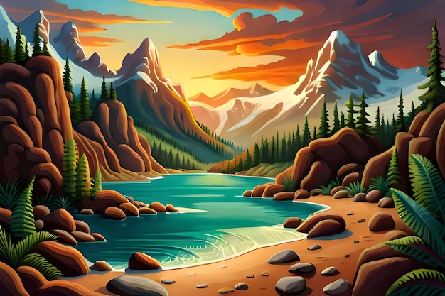 Nature landscape with a river and mountains Vector illustration abstract art generative ai