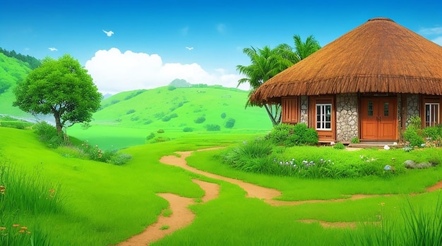 Nature landscape with vegetation and hut style house