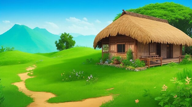 Nature landscape with vegetation and hut style house