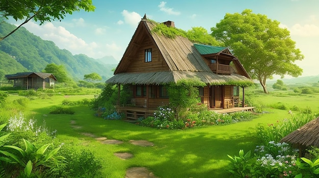 Nature landscape with vegetation and hut style house