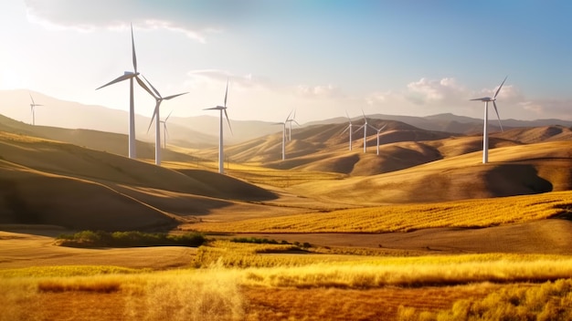 Nature landscape with Wind turbines farm on grassy field against blue sky The concept of ecology sustainable resources and renewable energy Banner Copy space